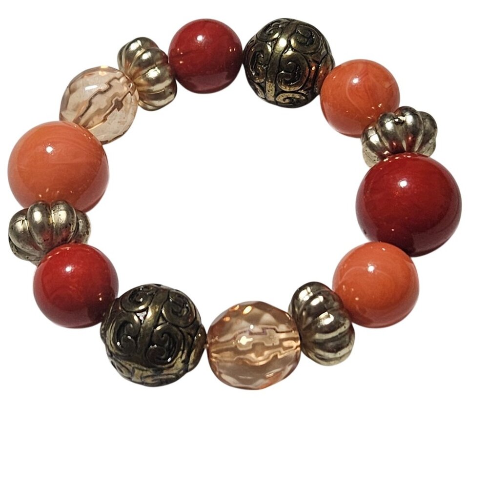 Handcrafted Beaded Stretch Bracelet Orange Beads Retro 60s 70s Fashion Jewelry